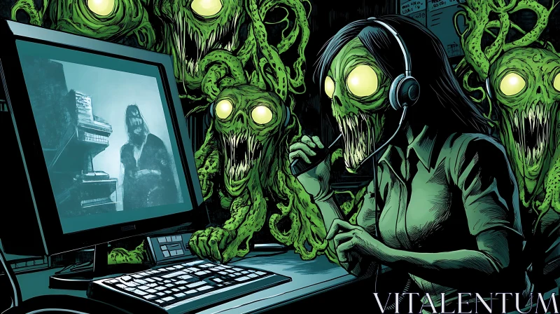 Eerie Green Zombie Encounter at Computer