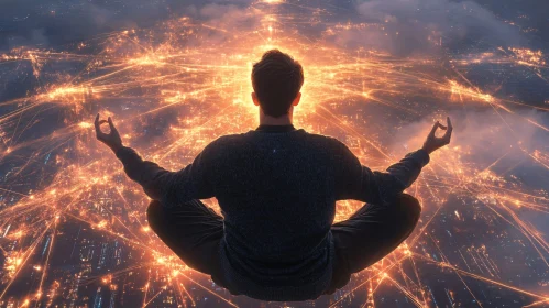 Person in Yoga Position Over City Lights