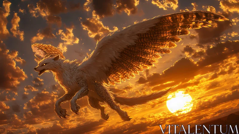 Soaring Winged Wolf at Sunset