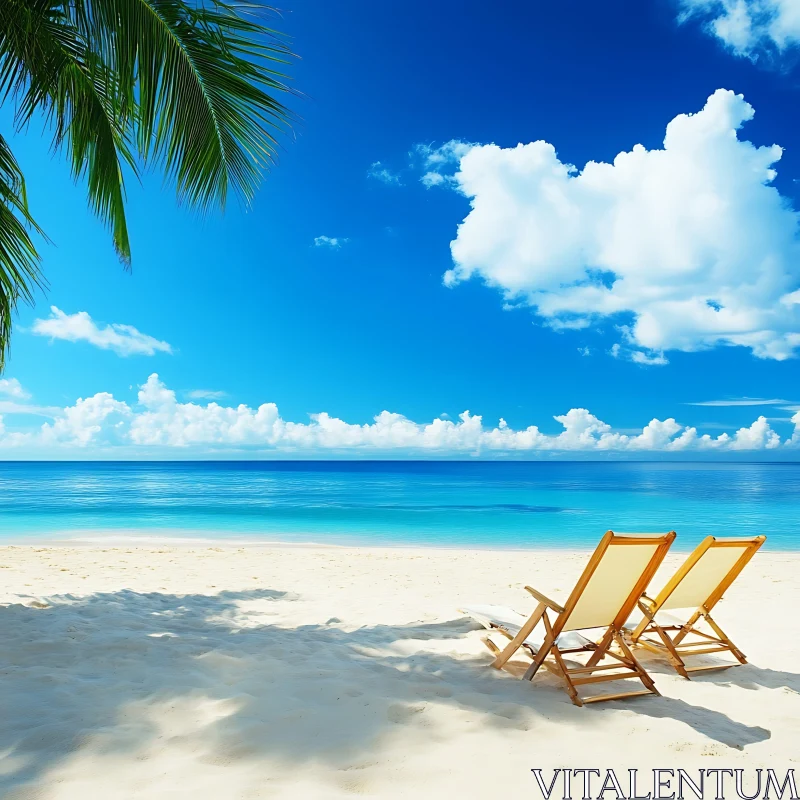 Tropical Beach with Chairs and Palm
