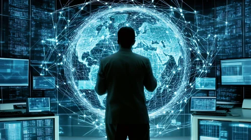 Man in Data Center with Global Network