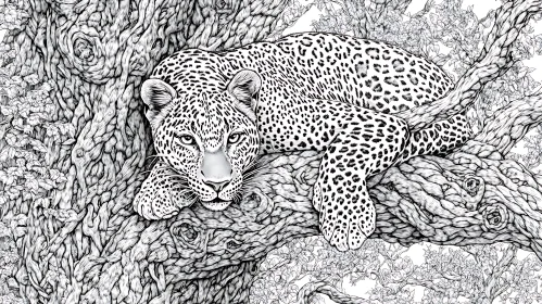 Resting Leopard in Tree Illustration