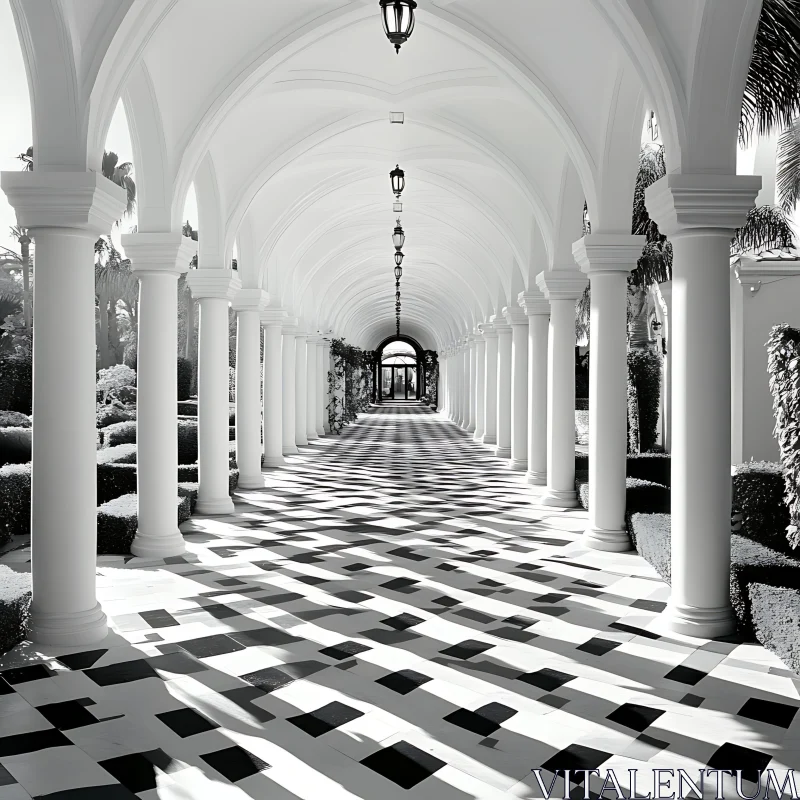 Monochromatic Corridor with White Columns and Checkered Floor