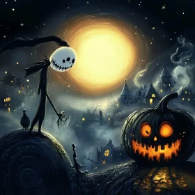 Moonlit Halloween Pumpkin and Skeleton