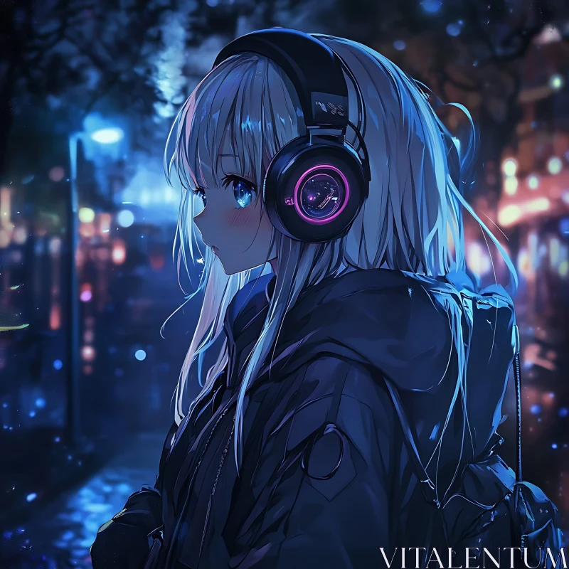 Blonde Anime Girl Listening to Music on a Quiet Night AI Image