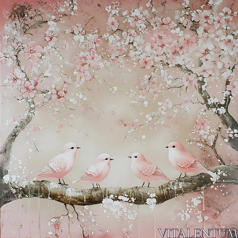Birds on Branch with Cherry Blossoms Art