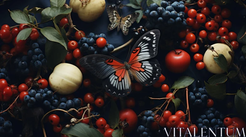 Butterfly and Fruits: A Naturalist Aesthetic in Red and Navy AI Image