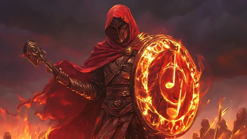Red Hooded Warrior with Fiery Shield