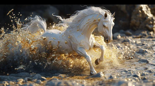 White Horse Galloping Through Water