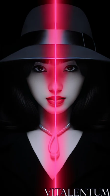 Captivating Surrealist Manga Art: Lady Cloning in Hat and Red Light AI Image