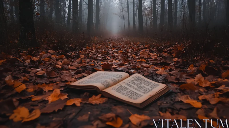 Eerie Forest Path with Fog and Open Book