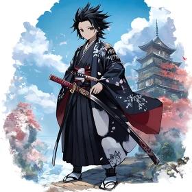 Traditional Samurai Anime Art with Cherry Blossoms