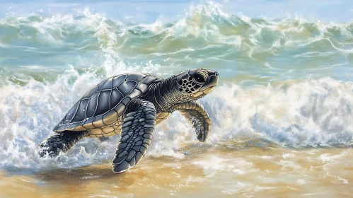 Turtle Swimming in the Ocean Waves