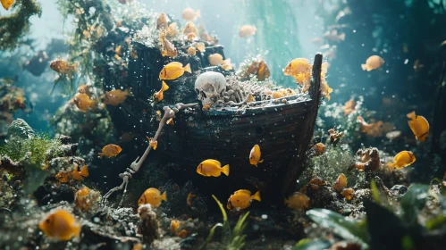 Underwater Shipwreck With Skeleton and Fish