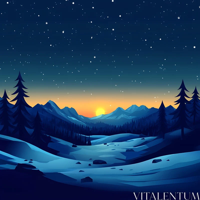 Mountain Sunset with Stars and Snow