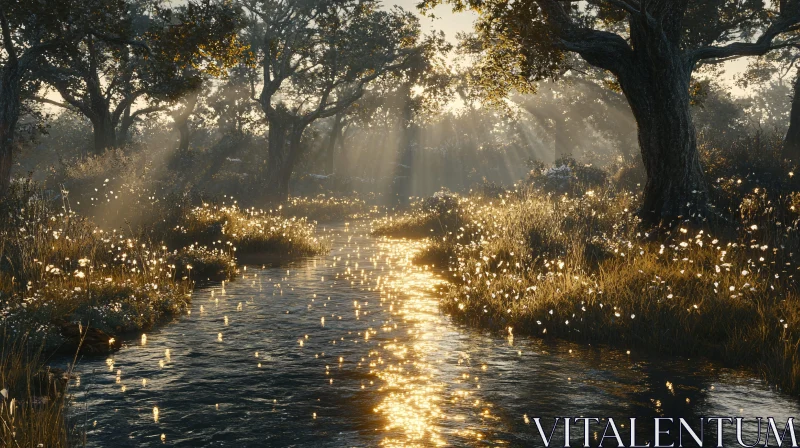 AI ART Golden Sunlight on Tranquil River in the Forest