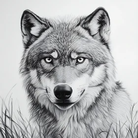 Detailed Wolf Face Monochrome Drawing