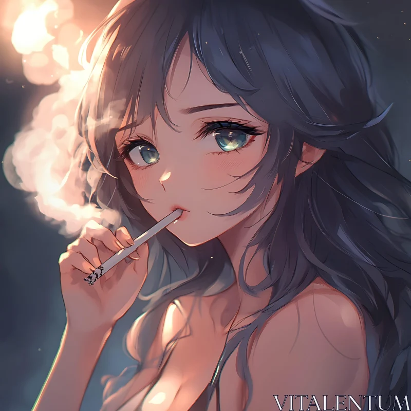 Blue Haired Anime Girl Smoking Cigarette AI Image