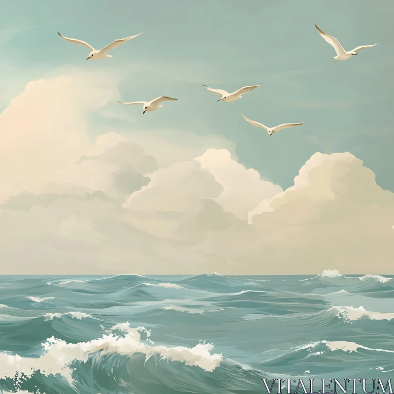 Coastal Scene with Birds and Waves AI Image