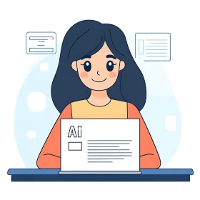 Woman and AI Laptop Cartoon Illustration