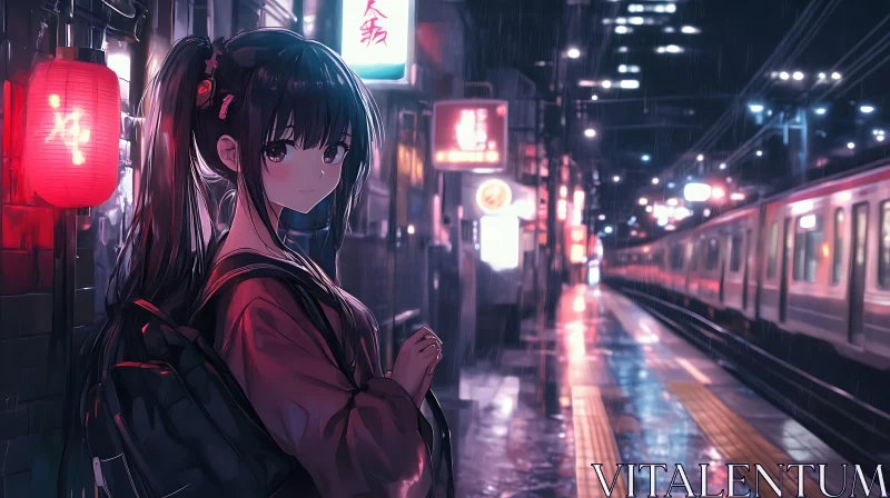 Night-time Anime Scene of Girl at Train Station AI Image