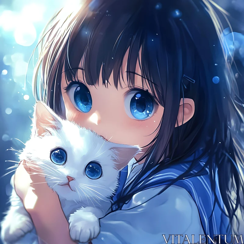 Heartwarming Anime Art with Girl and Cat AI Image