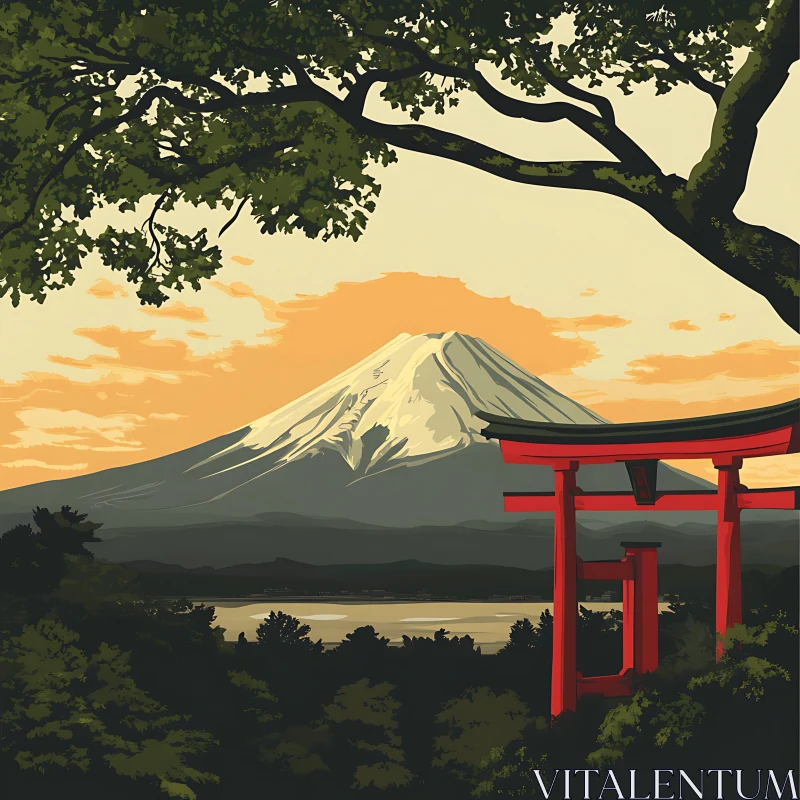 Scenic Mountain View with Japanese Torii AI Image