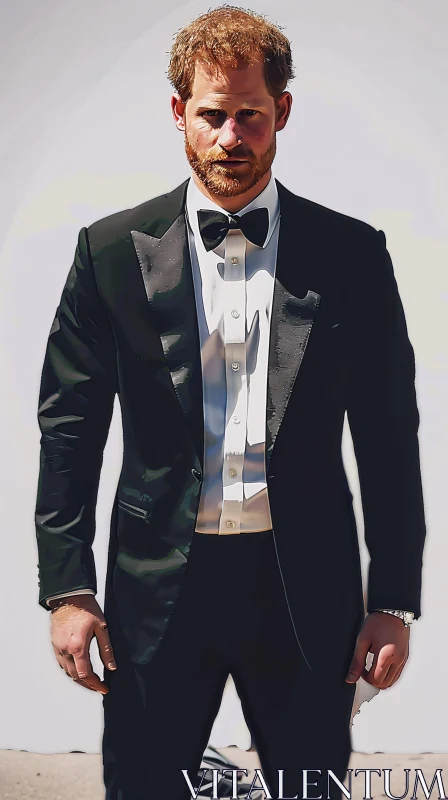 Sophisticated Portrait of Prince Harry in Black Tuxedo AI Image