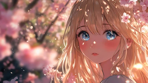 Anime Girl with Blonde Hair and Blue Eyes in Spring