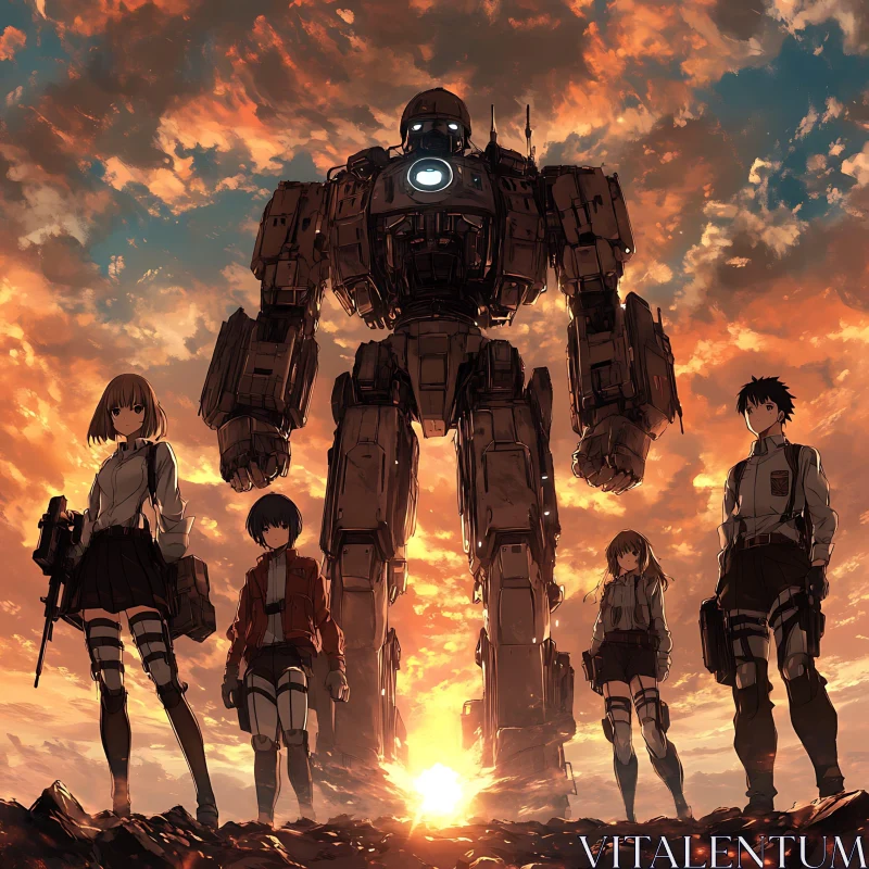 Heroic Anime Characters with Mech Against Sunset Sky AI Image