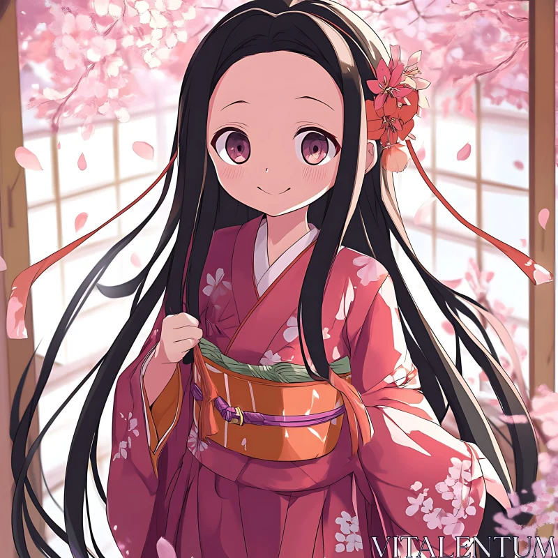 Springtime Anime Girl in Pink Kimono AI Image