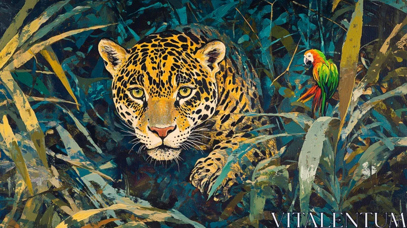 AI ART Wildlife Scene: Jaguar and Parrot