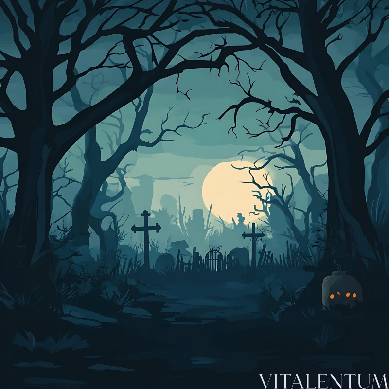 Moonlit Graveyard Halloween Night Scene AI Image