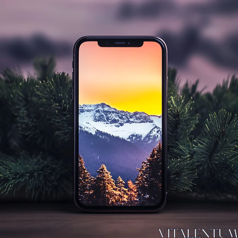 AI ART Phone Displaying Mountain Sunset Scene