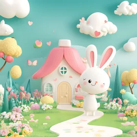 Playful Cartoon Bunny in Dreamy Landscape