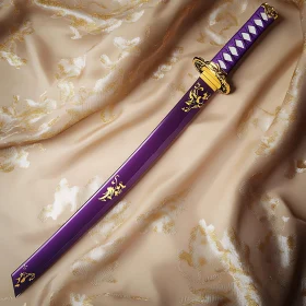 Intricate Purple Katana with Golden Details on Silk