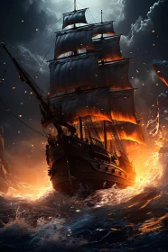 Ship in Flames on Stormy Seas