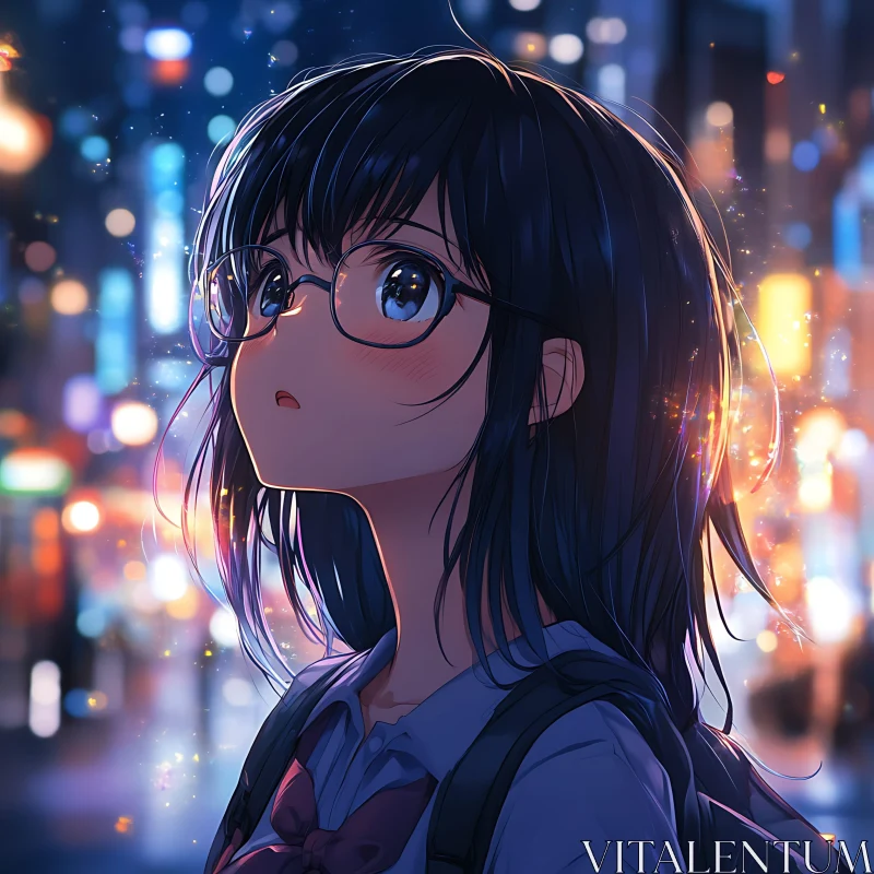 Anime Girl Gazing in the Night City with Glasses AI Image