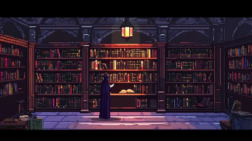 Cloaked Figure in a Pixelated Library