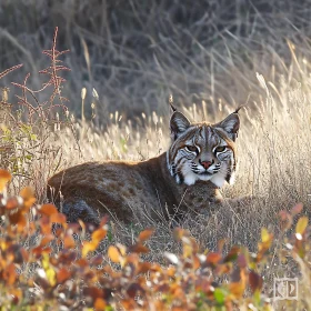 Wild Cat Resting in Grassy Field