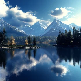 Snowy Mountain Lake Reflection Art