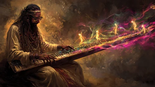 Stringed Instrument Player with Colorful Energy