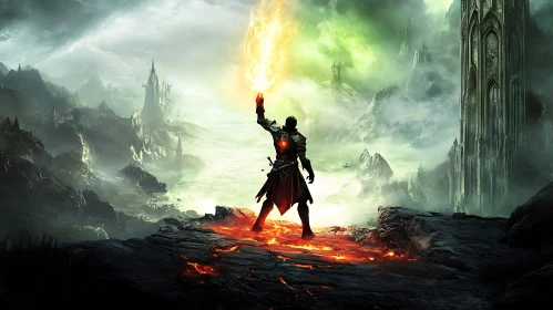 Magical Warrior in Dark Fantasy Landscape