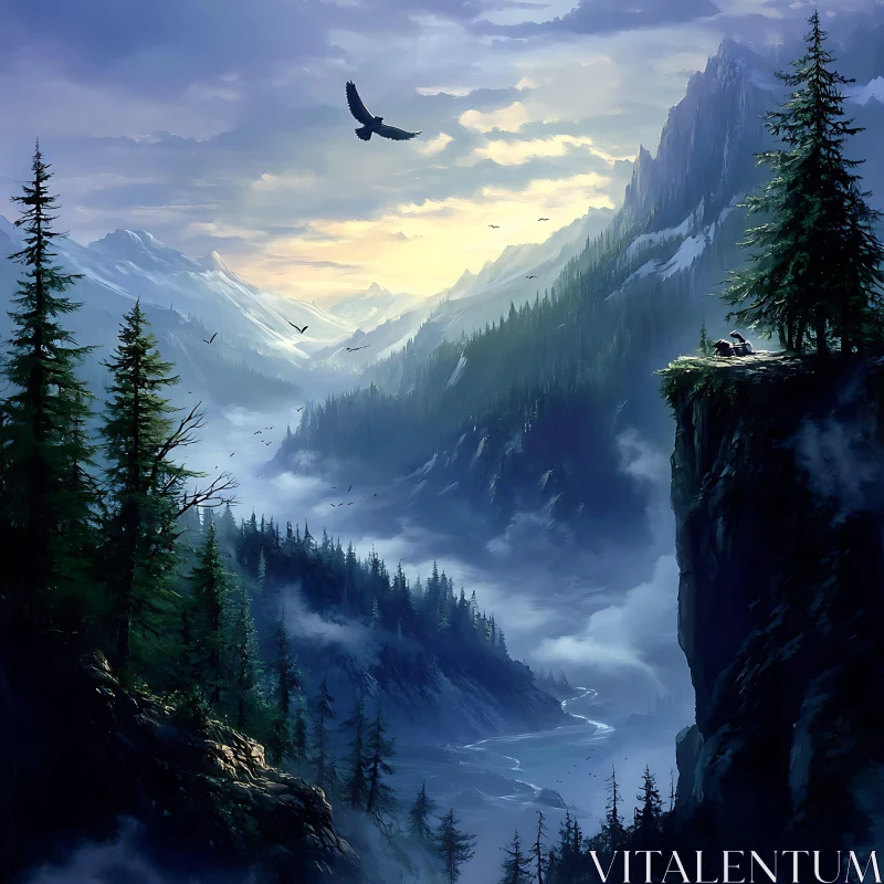 Eagle Soaring Over Mountain Valley Scene AI Image