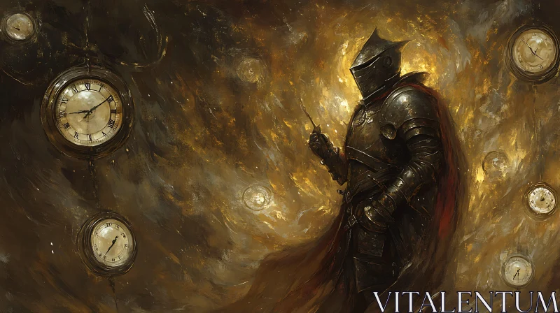 AI ART Armored Knight with Floating Clocks