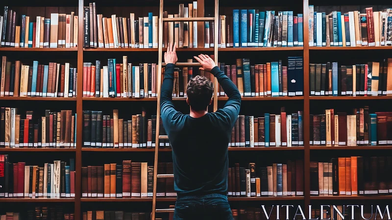 AI ART Library Bookshelf with Man on Ladder