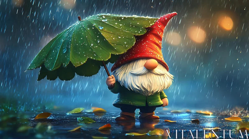 Whimsical Gnome in Rainy Weather AI Image