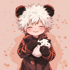 Joyful Anime Child with Panda Plush Toy Artwork