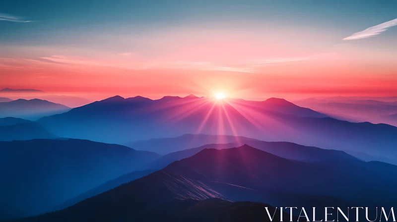 AI ART Pink Sunrise Over Blue Mountains