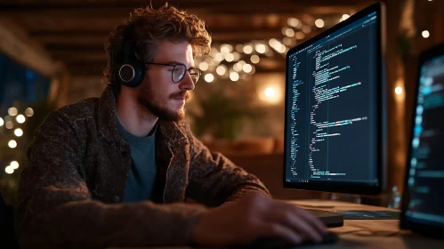 Man Coding With Headphones On Computer